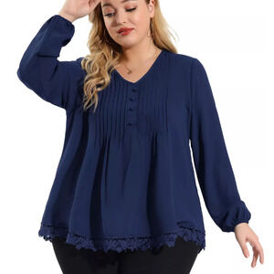 NWT Agnes Orinda NAVY Blue Pleated‎ Lace Trim Top Blouse Woman's 1X 18